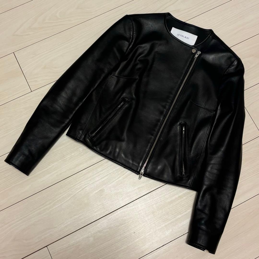 LE CIEL BLUE ミニマル ラムレザー ライダースジャケット 36