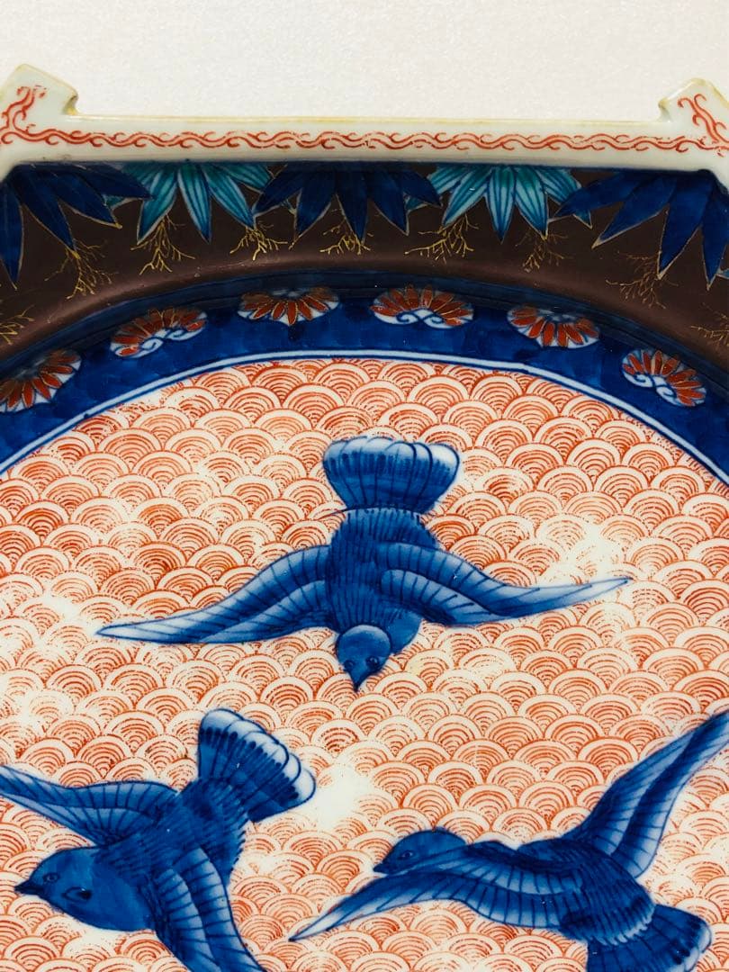 明治初期 香蘭社 色絵褐地青海波鳥竹文 ブラックホーソン六角大皿