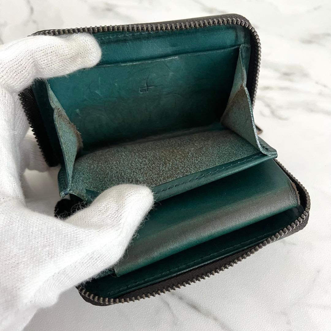 希少カラー✨エムピウ　ゾンゾ　コンパクト財布　ラウンドジップ　緑青　レザー　箱付