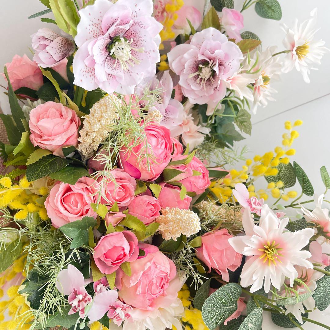 春を束ねた飾る花束ブーケ｜ミモザ・クリスマスローズ・薔薇 光触媒フラワー