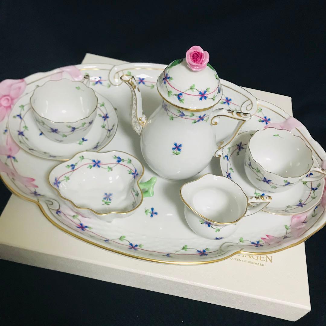 ヘレンド     コーンフラワー　矢車菊　テテアテテセット  パーティトレイ