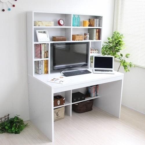 【新品送料無料】パソコンデスク 上下書棚付き 115cm幅 ホワイト 上下一体型