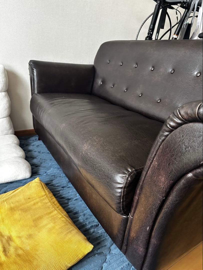 ダークブラウン 合成皮革 2人掛け ソファ ヴィンテージ風