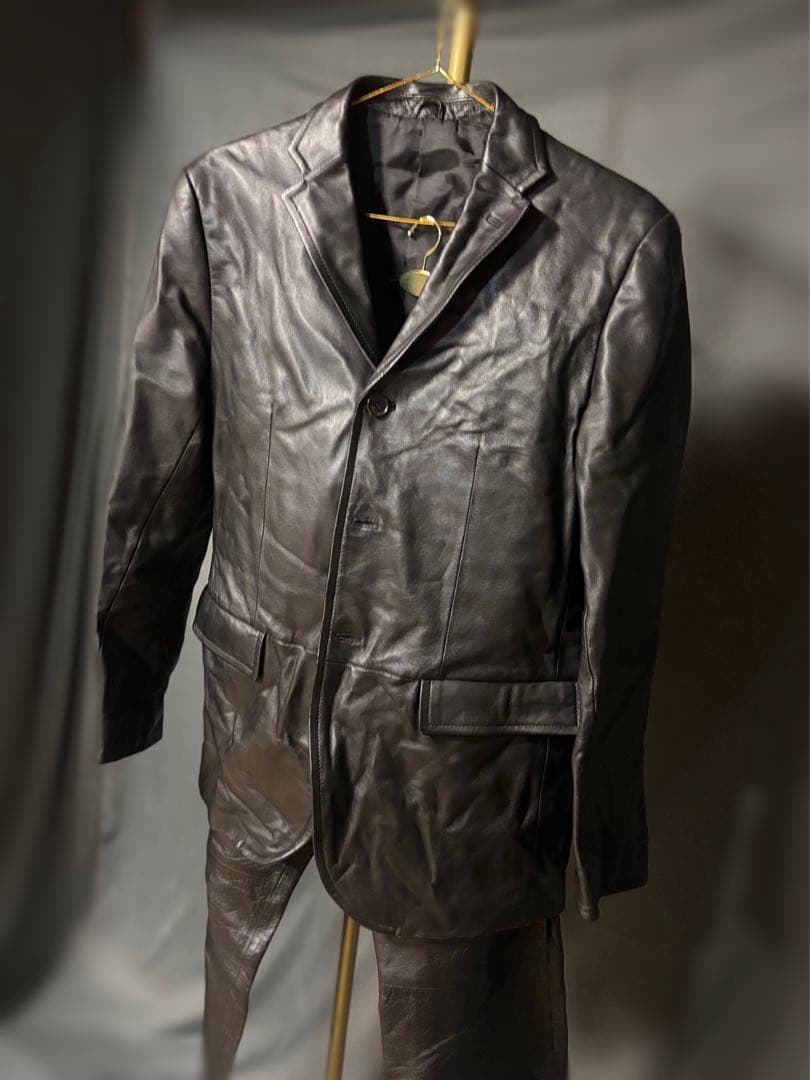 美品 COMME CA MEN 羊革スーツセットアップ 黒 L