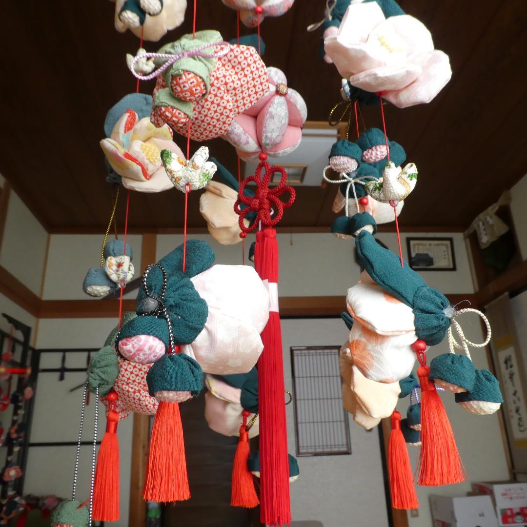 古布　正絹　吊るし椿　錦紗縮緬　ピンク　桃色　疋田模様　さげもん　アンティーク