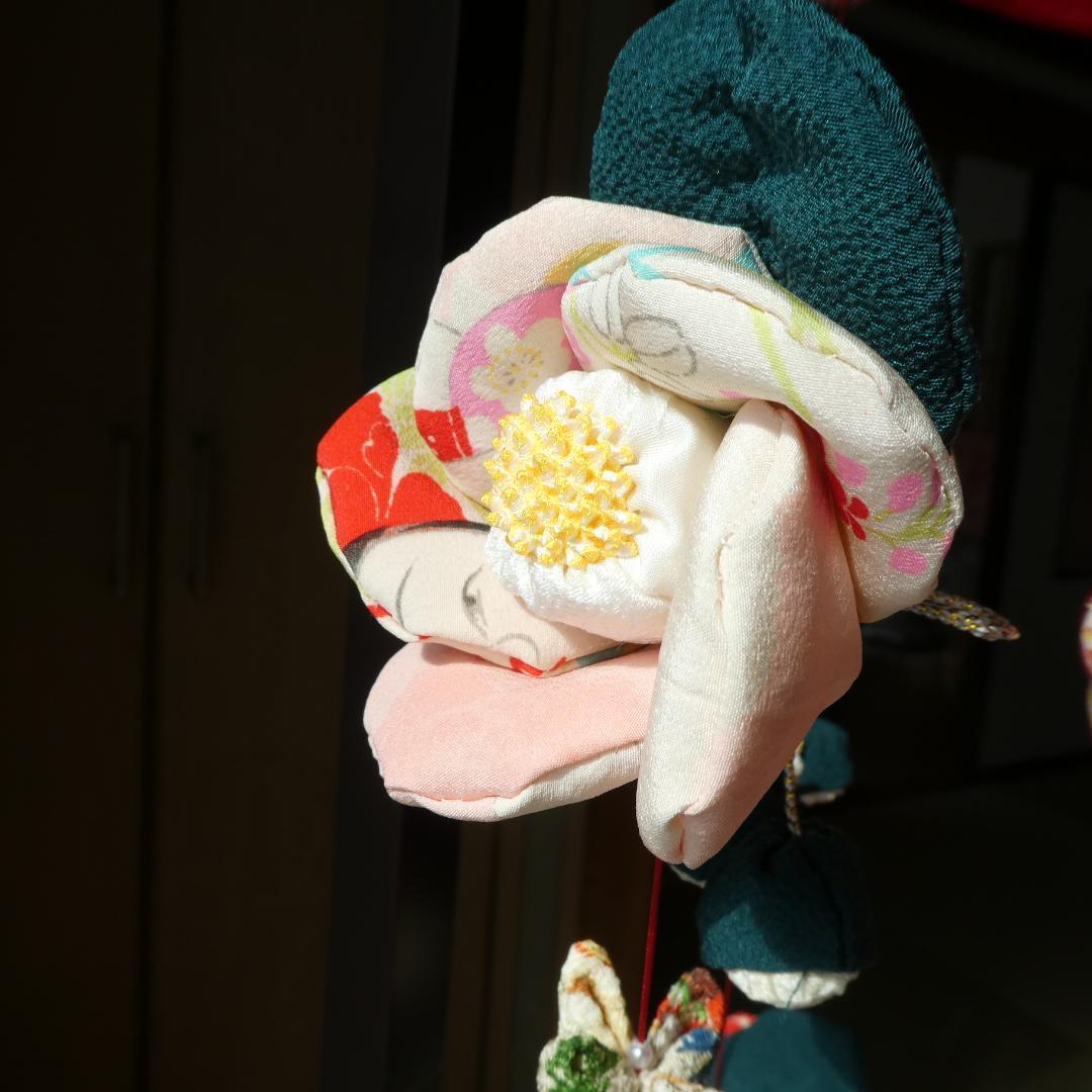 古布　正絹　吊るし椿　錦紗縮緬　ピンク　桃色　疋田模様　さげもん　アンティーク