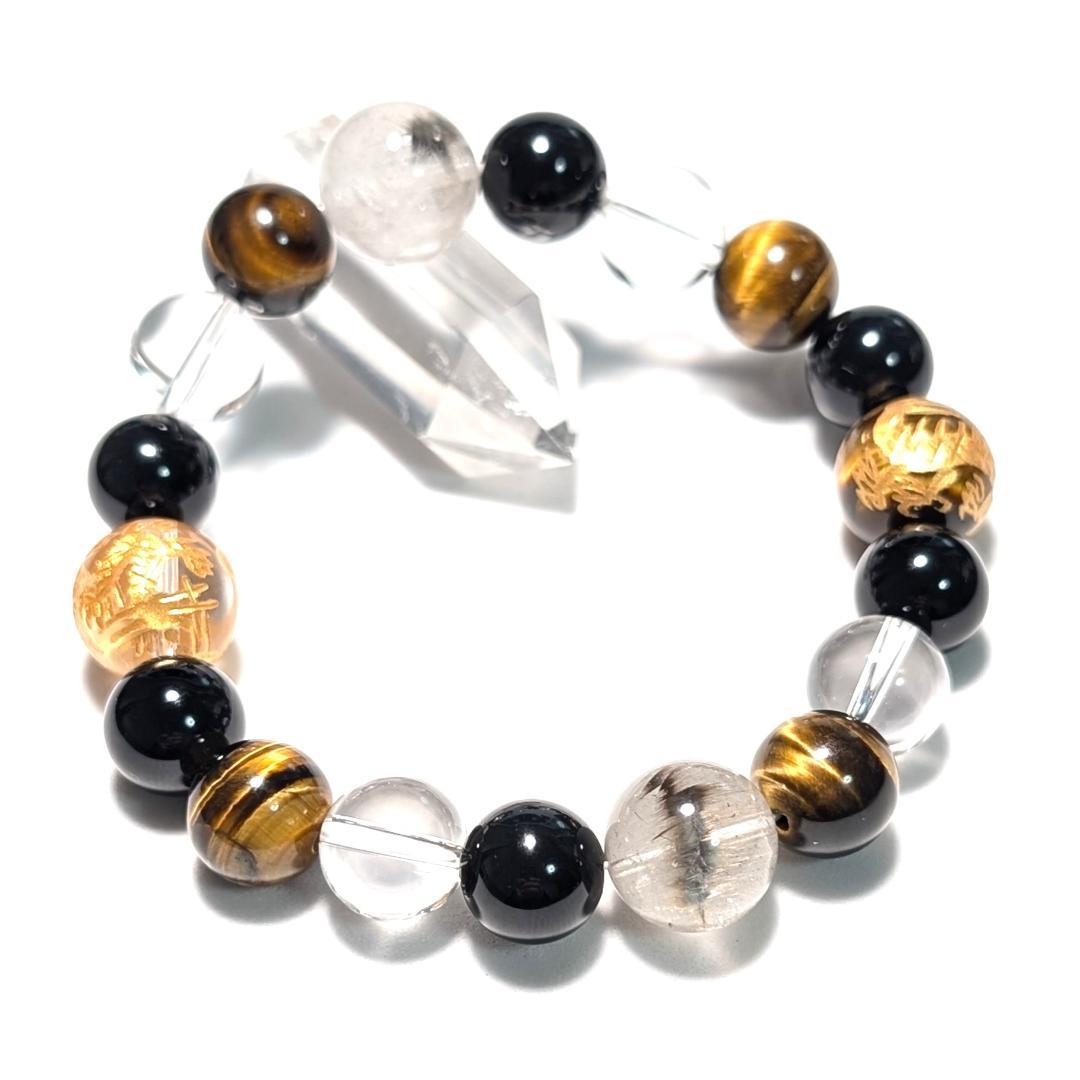 昇龍の加護 皇帝龍タイガーアイ 水晶 オニキス プラチナルチル 数珠ブレスレット