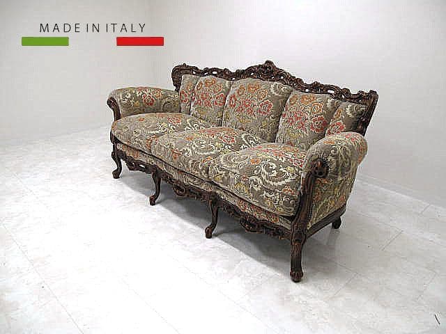美品　イタリア製 ロココ様式 金華山 3人掛けソファ 　彫刻 猫脚 鋲打ち
