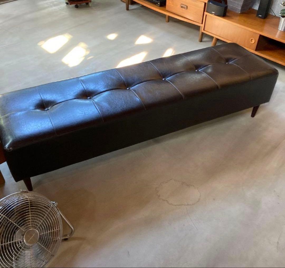 ブラック合成皮革ソファ　レザーベンチソファー