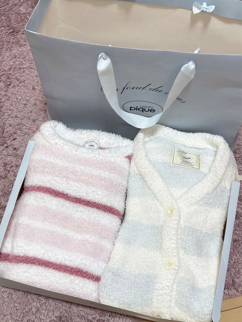 ジェラートピケ ボーダー ロング カーディガン ピンク 水色 白 ルームウェア