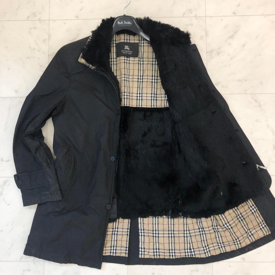 バーバリー ステンカラーコート Lサイズ ノバチェック ラビットファー 黒色