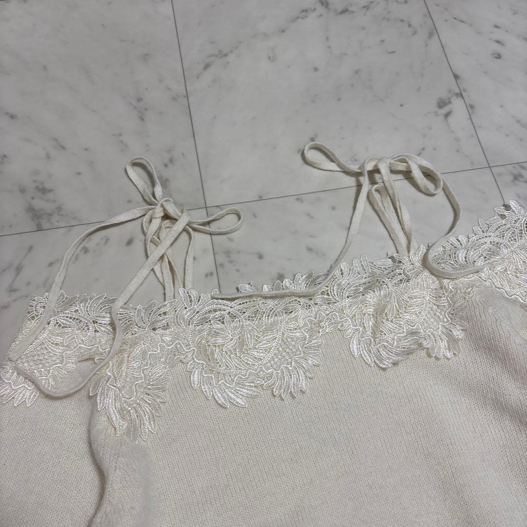 【美品】SNIDEL レーストリミングオフショルプルオーバー ニット リボン