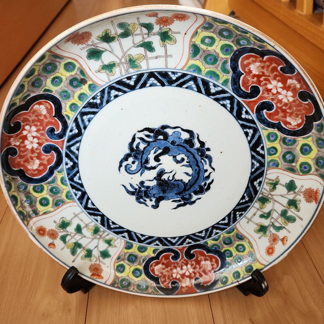 五彩手菊花染め付け龍紋図大皿