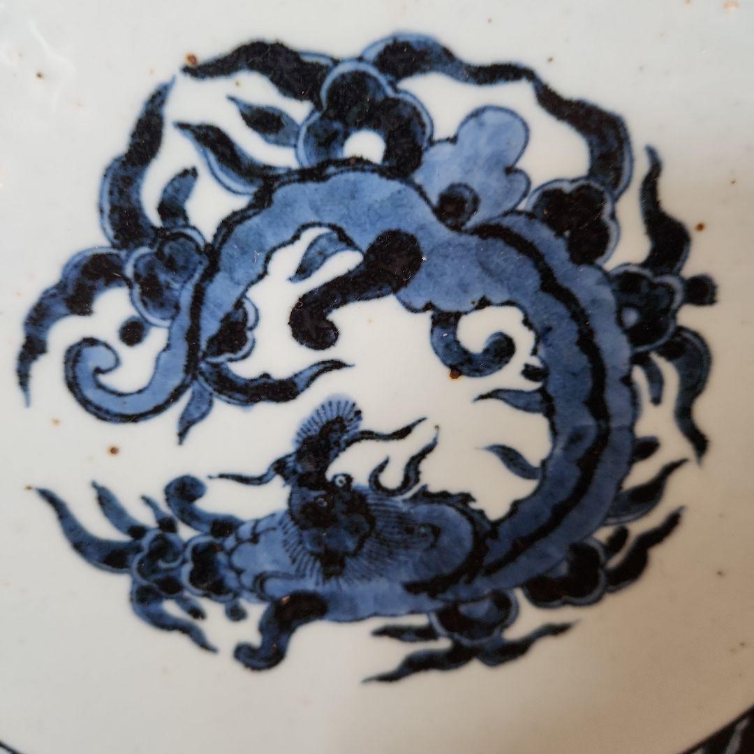 五彩手菊花染め付け龍紋図大皿