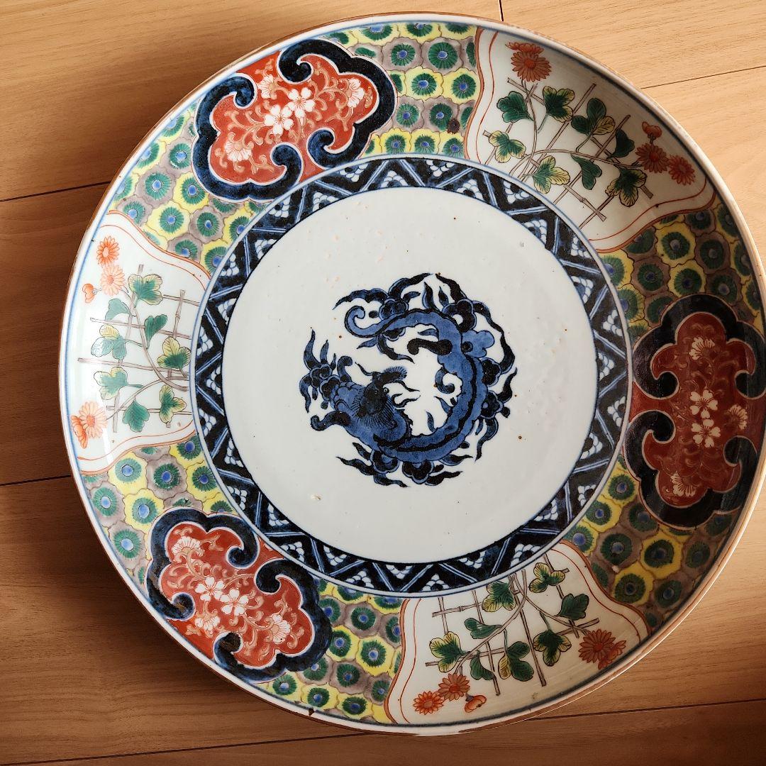 五彩手菊花染め付け龍紋図大皿