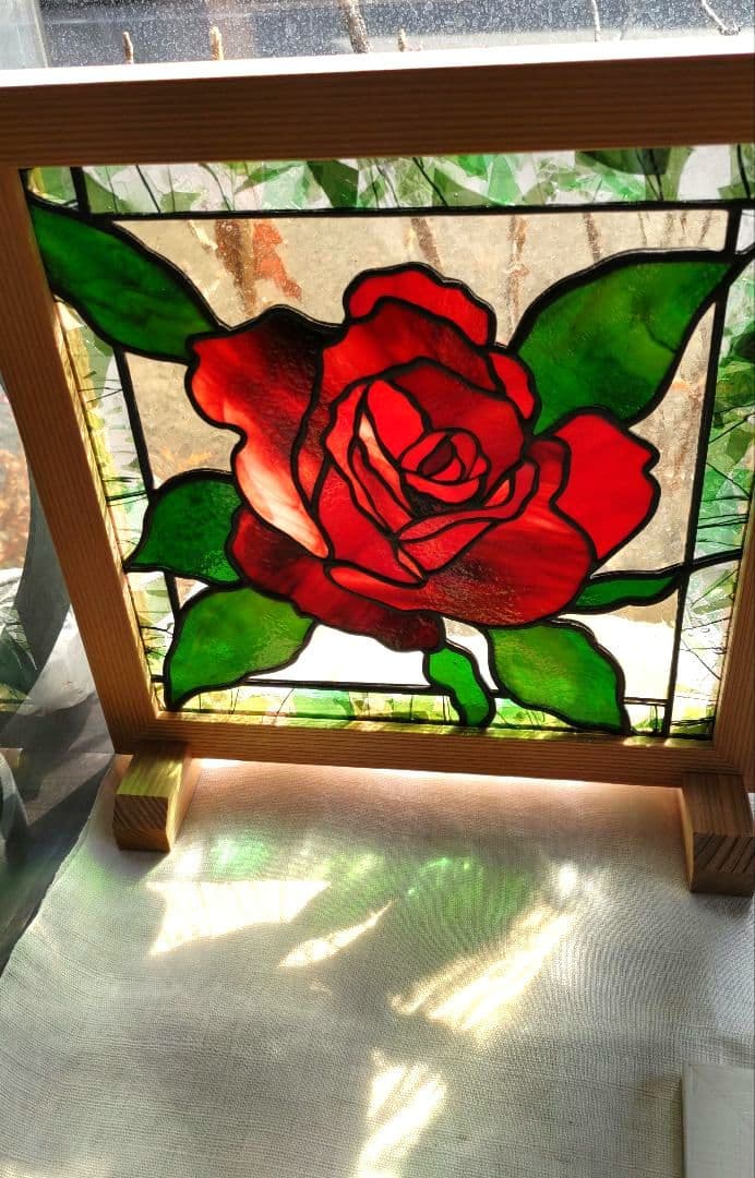 ご検討中 ステンドグラスパネル 「紅い薔薇」ハンドメイド