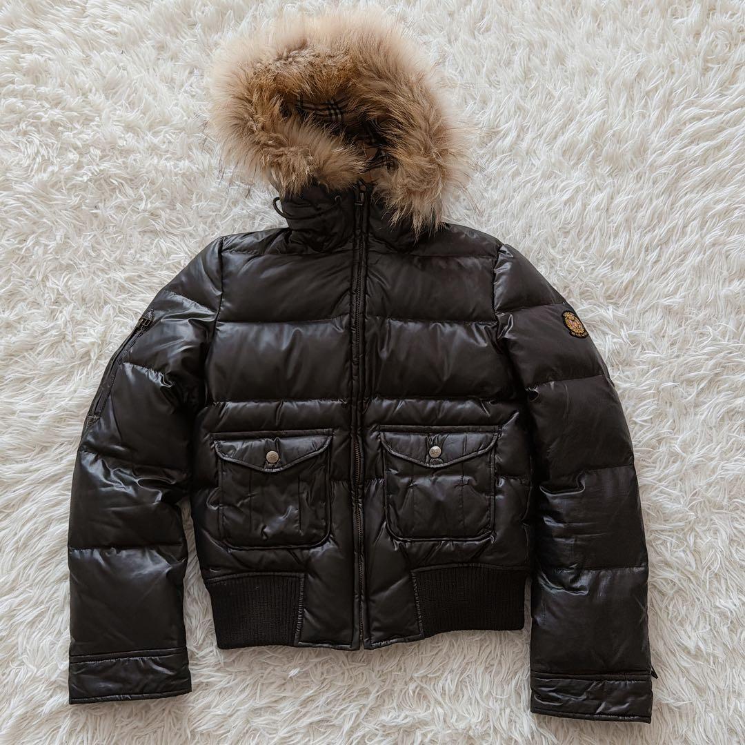 バーバリーブルーレーベル ラクーンファー ダウンジャケット ノバチェック 総柄