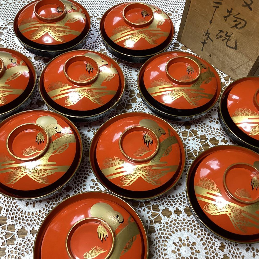 k2f19 漆器 吸物椀　10客　　朱　金色の鶴デザイン