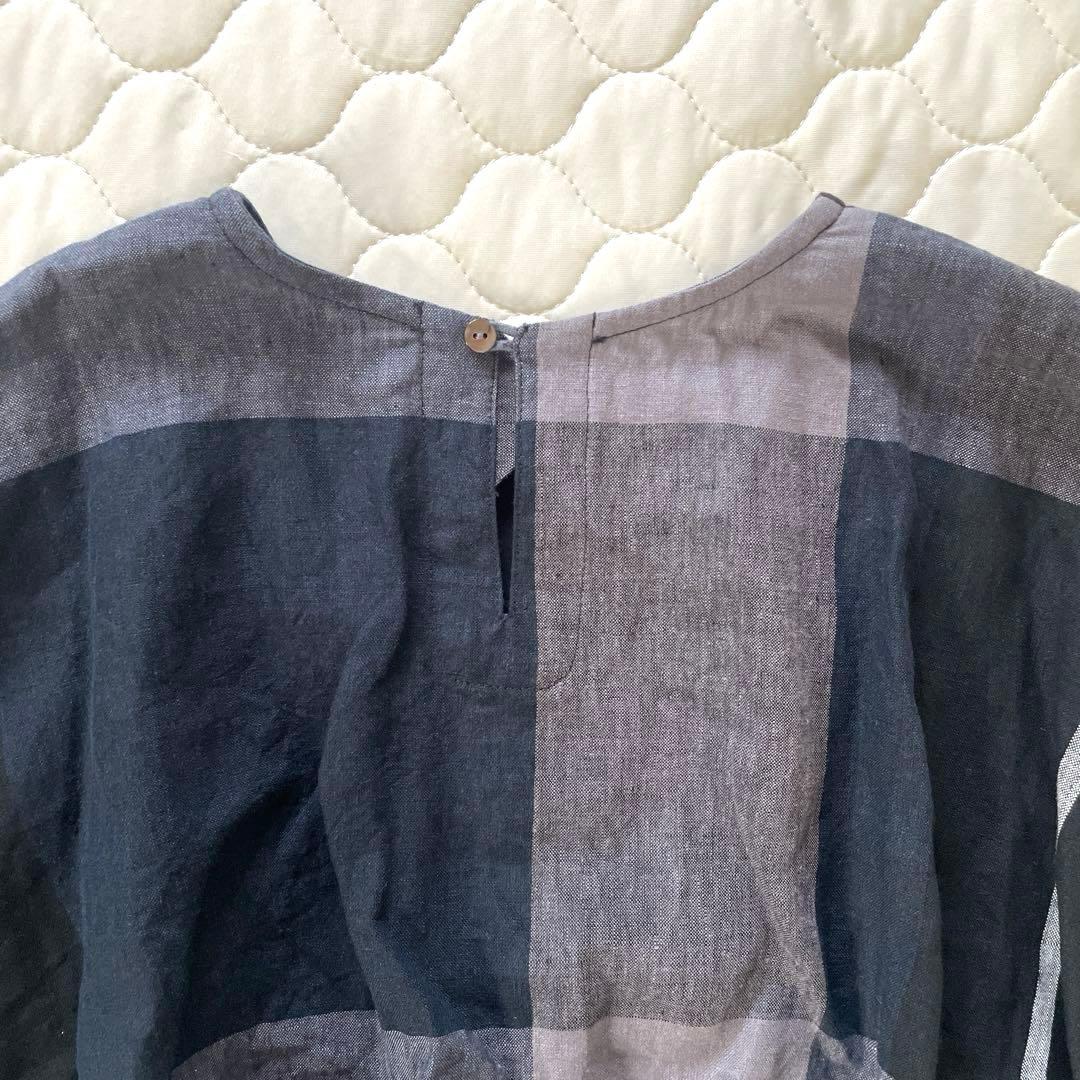 【極美品】BEARDSLEY リネンビッグチェックカットソー　ネイビー