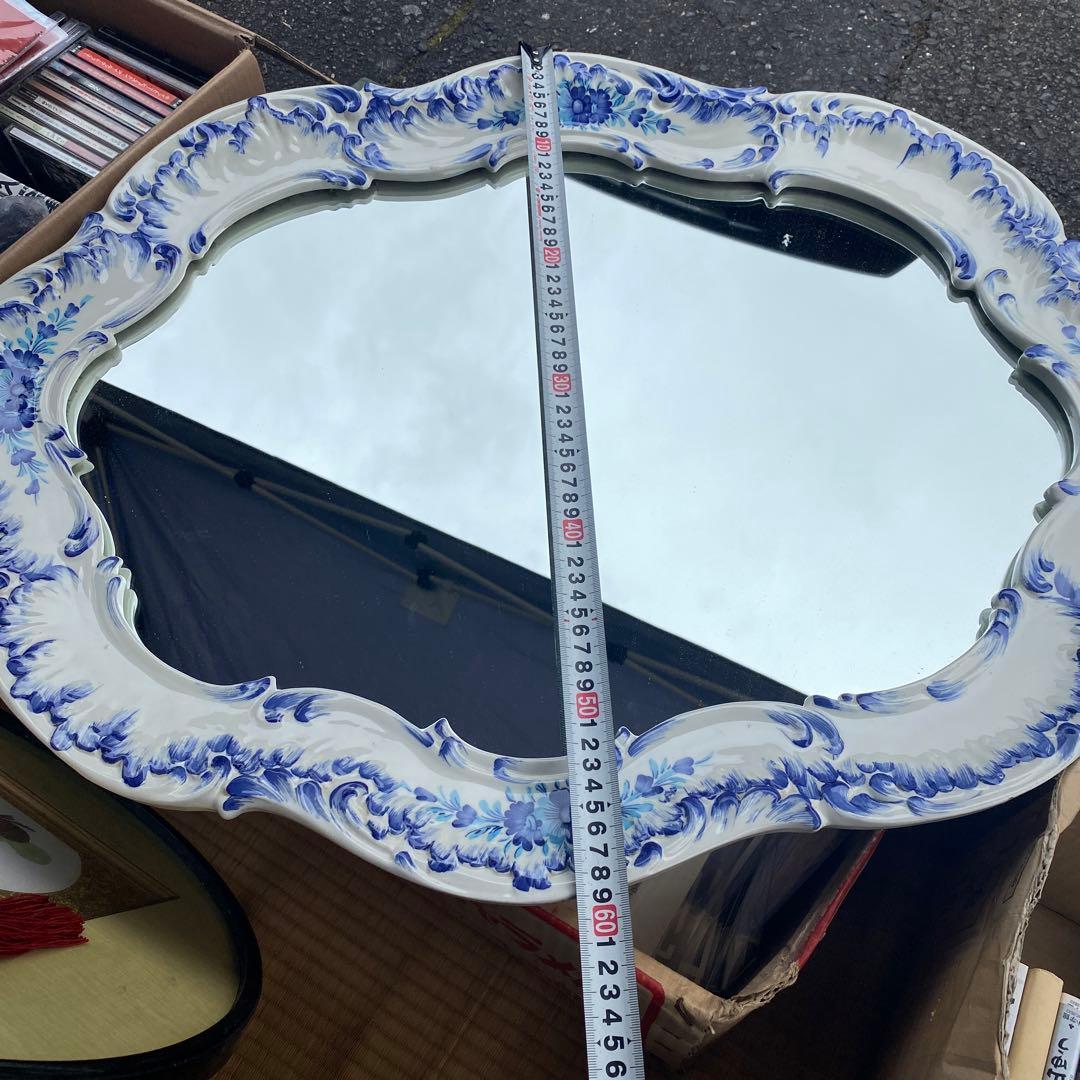 アンティーク調　ホワイト　ブルー　花柄　陶磁器　大型壁掛け鏡　ウォールミラー