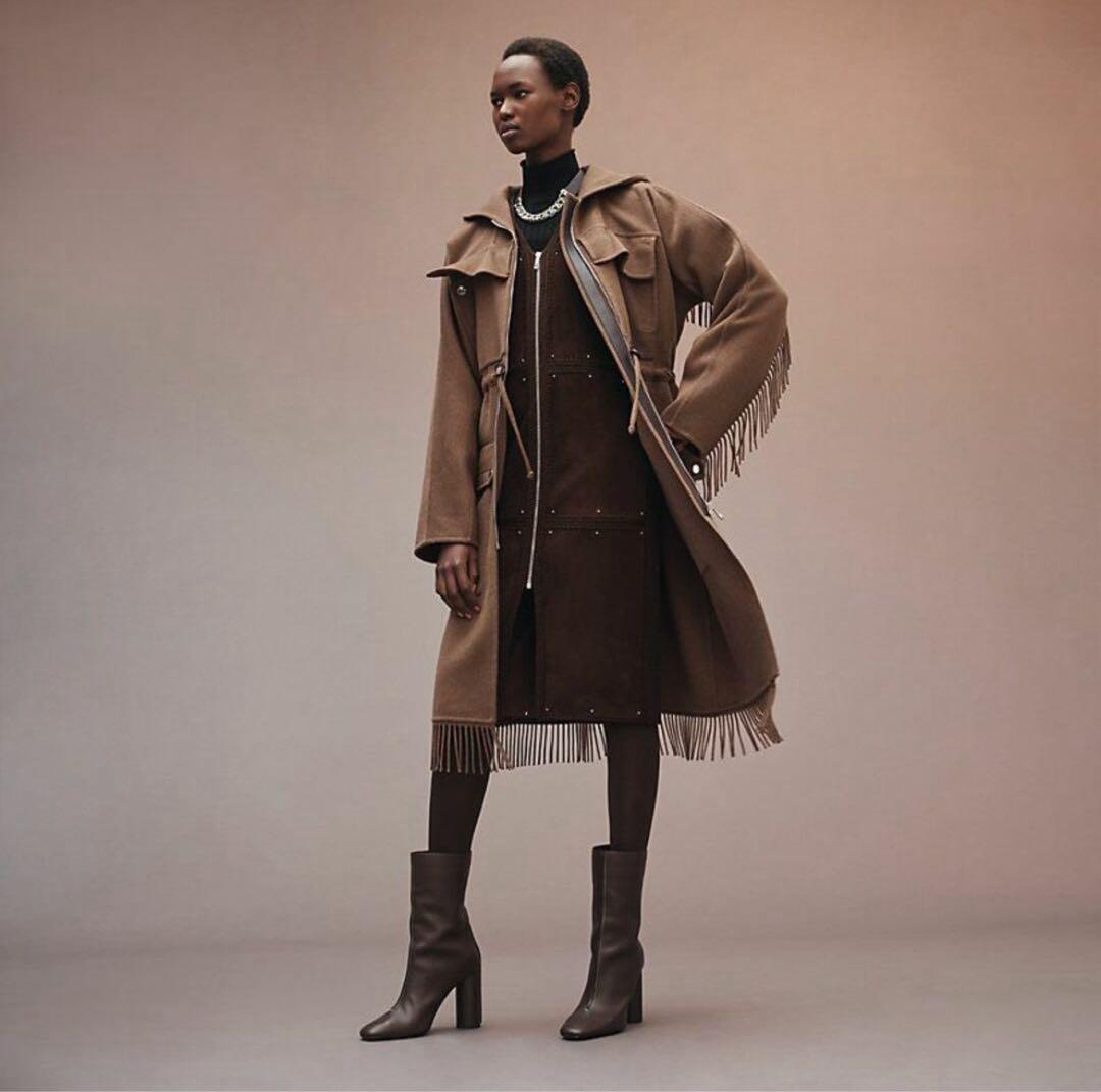 美品　HERMESエルメス　カシミヤレザー　ロング　フリンジ　コート　ブラウン