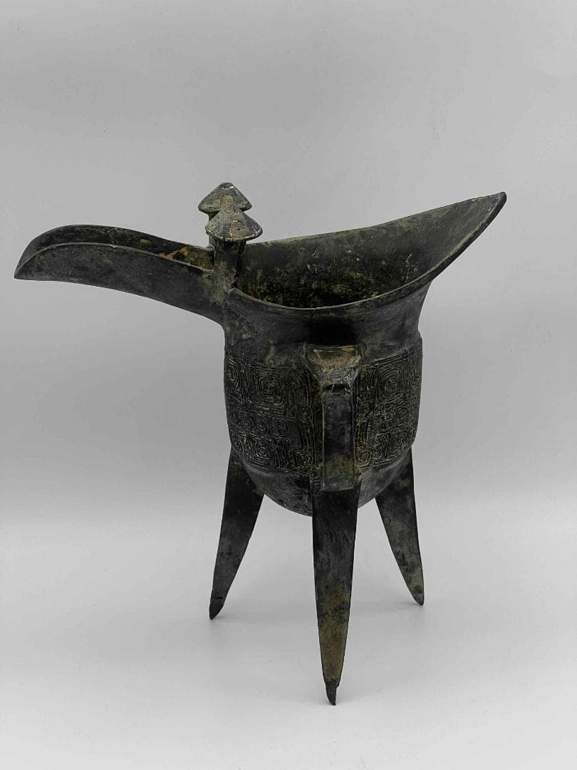 中国古美術　戦国から漢時代　青銅　ブロンズ　三足爵盃　酒具　極最工(C-72)