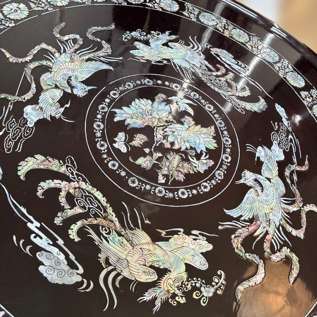 螺鈿細工 鳳凰 円形座卓テーブル 黒漆塗 直径90cm 横浜現地渡し