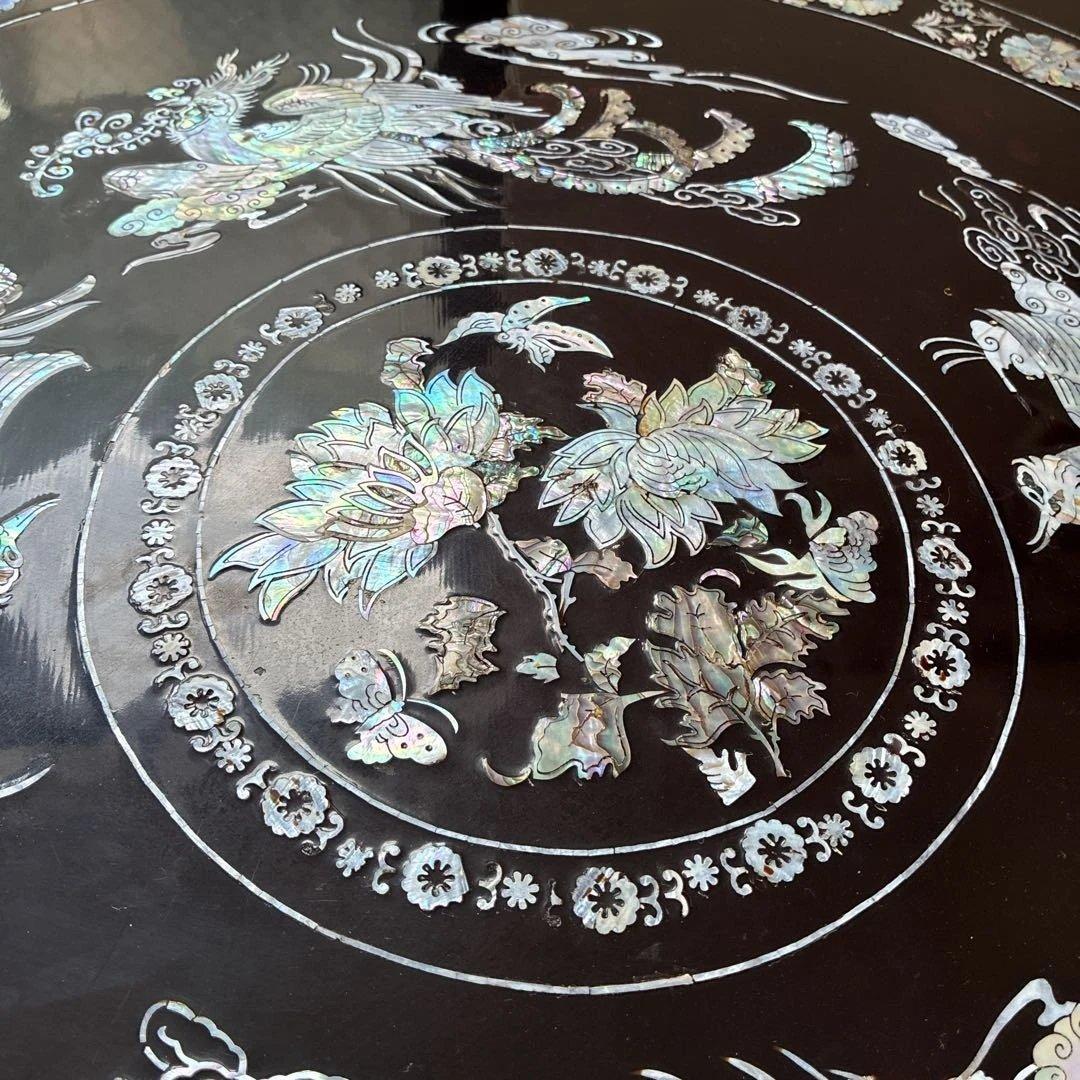 螺鈿細工 鳳凰 円形座卓テーブル 黒漆塗 直径90cm 横浜現地渡し