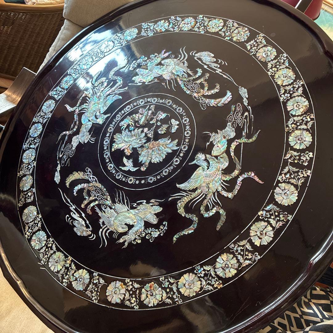 螺鈿細工 鳳凰 円形座卓テーブル 黒漆塗 直径90cm 横浜現地渡し