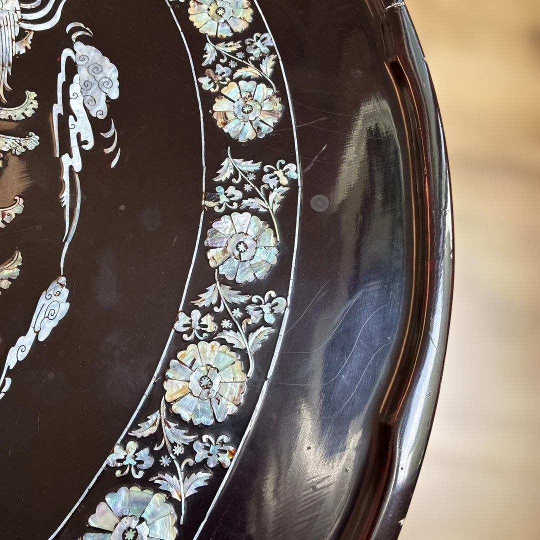 螺鈿細工 鳳凰 円形座卓テーブル 黒漆塗 直径90cm 横浜現地渡し