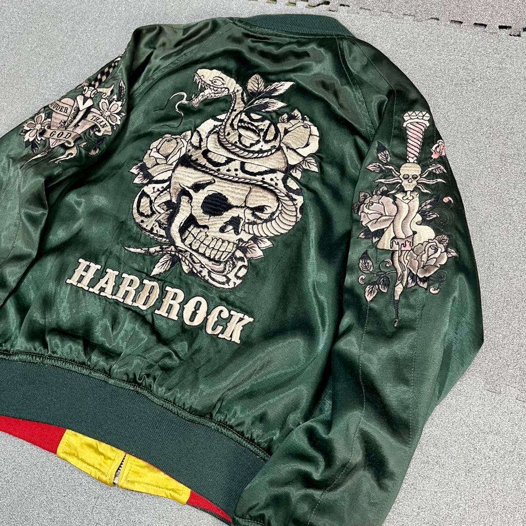 448 HOUSTONスカジャン リバーシブル仕様 蛇×ドクロ×観音 緑×黄