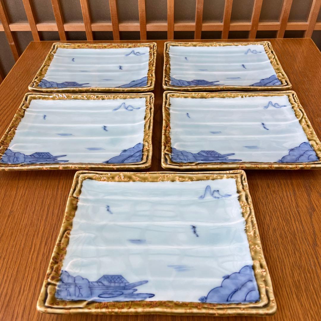 有田焼　其泉窯　伊良保山水焼物皿揃　貝山作　角皿5枚