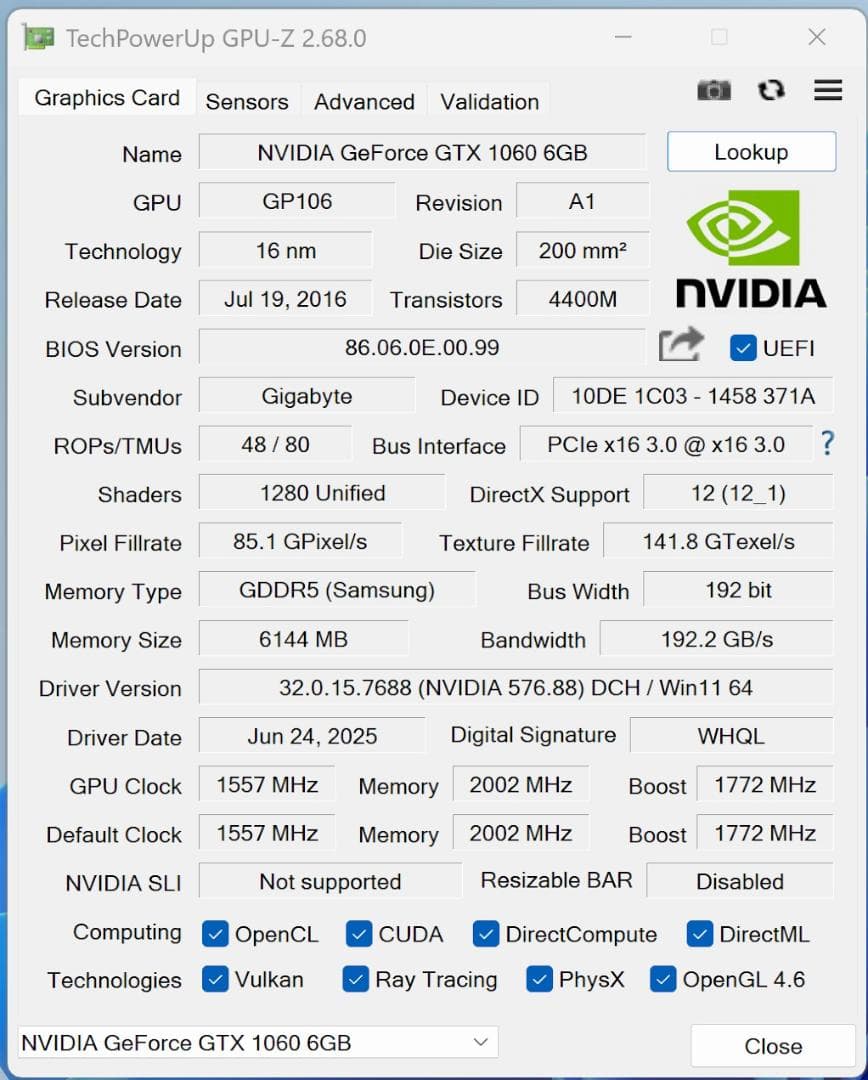 正常動作品 GIGABYTE GeForce GTX 1060 6GB