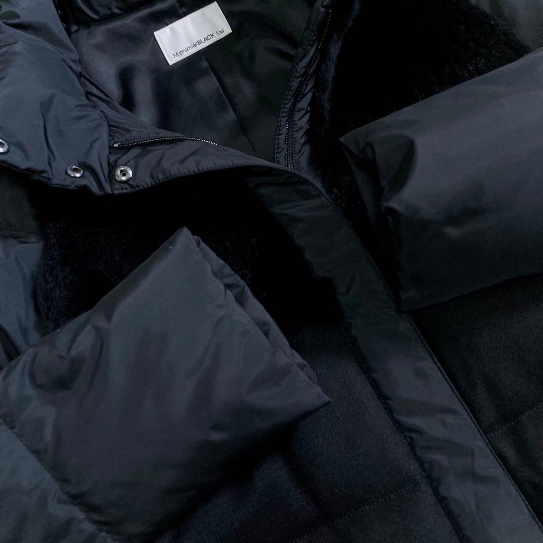 エムプルミエブラック 異素材ダウンコート ロング ブラック S ラビットファー