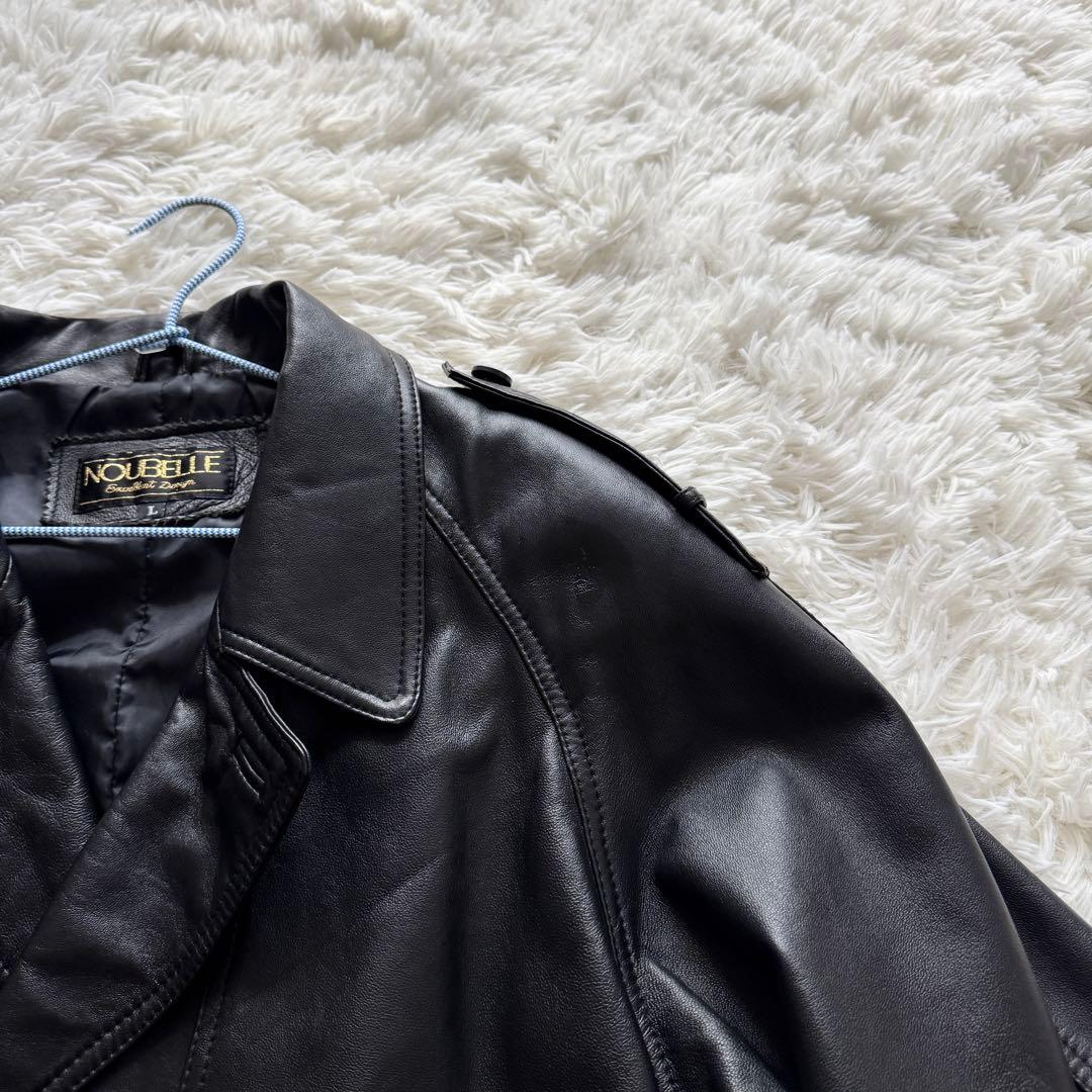 【vintage】羊革 本革 ラムレザー トレンチコート ロング丈 ブラック L