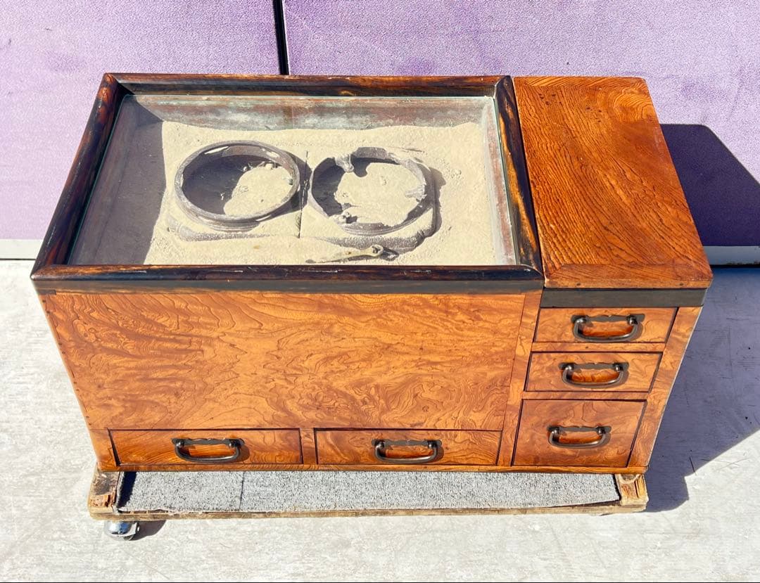 木製火鉢 引き出し付き ガラス蓋