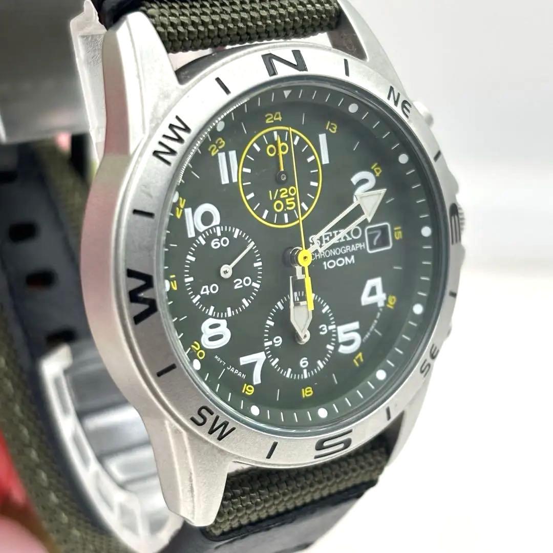 稼働品☆SEIKOセイコー　クロノグラフ　アーミー　カーキ　新品ベルト