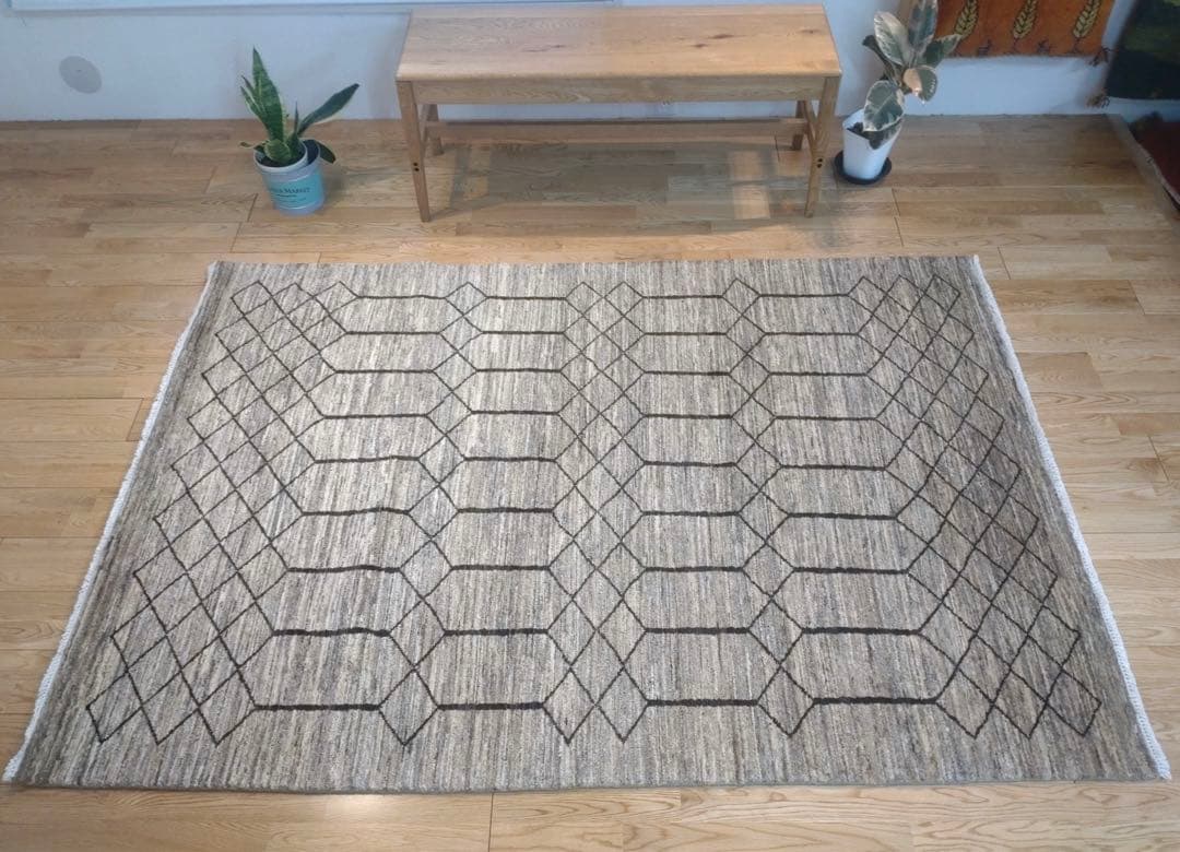 天然無染ラグ　リビング　格子柄　201×139 ライトブラウン　ソフトタッチ