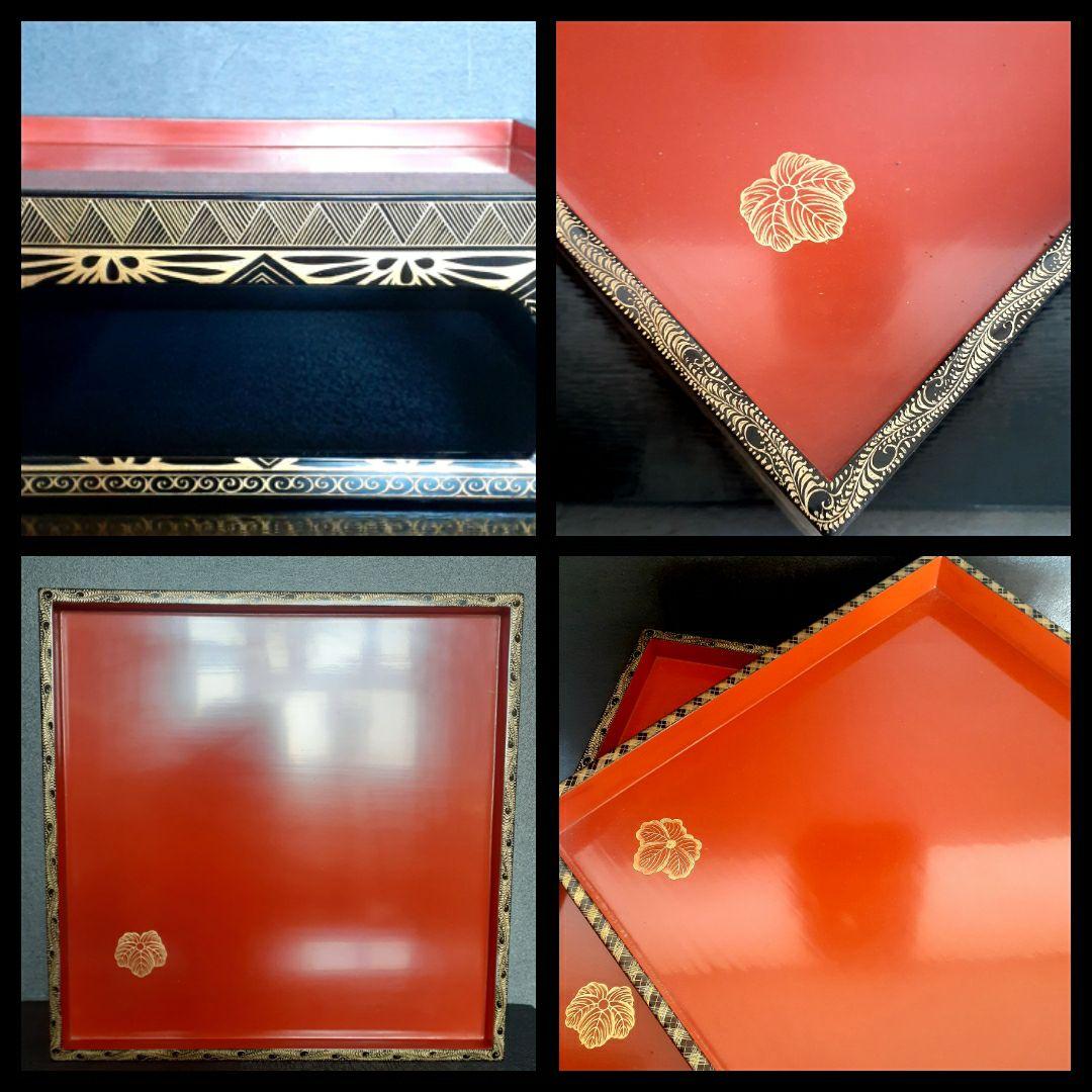 【時代物】桐御紋桐箱入り　金蒔絵　花文様　四方高付膳　口縁市松文様盆　2点揃い