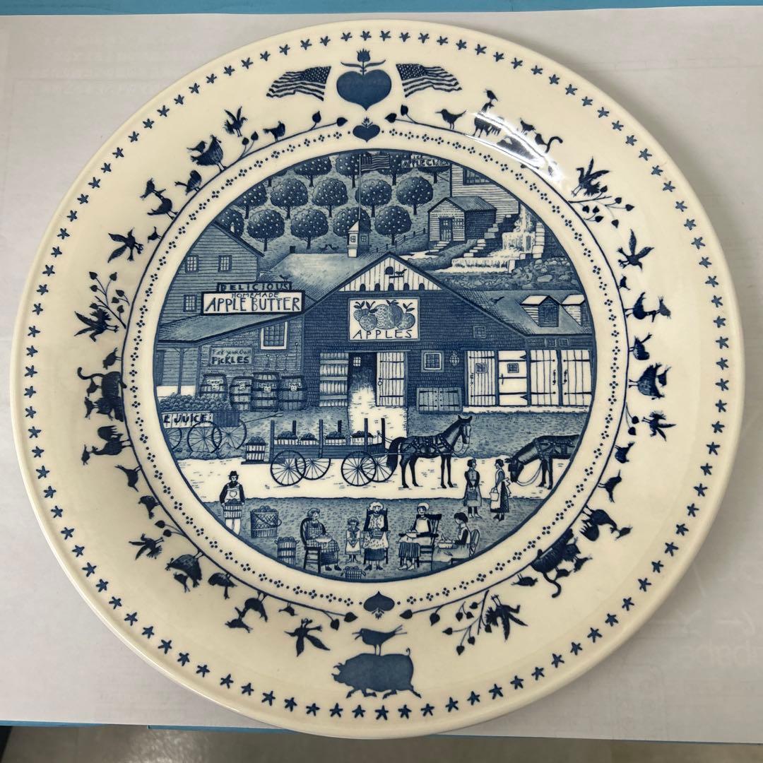 青色風景画の陶器皿 約30cm