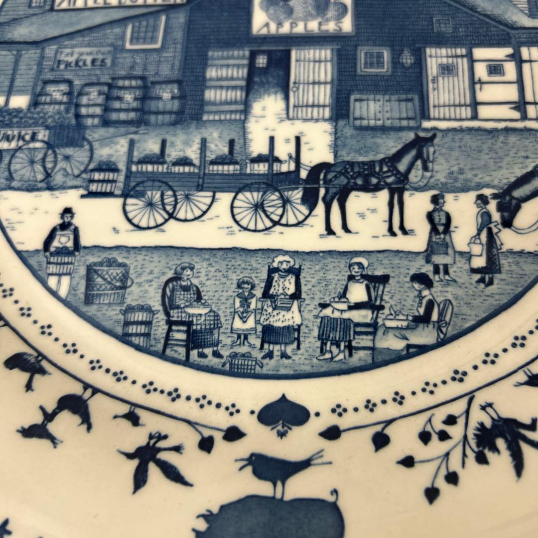 青色風景画の陶器皿 約30cm