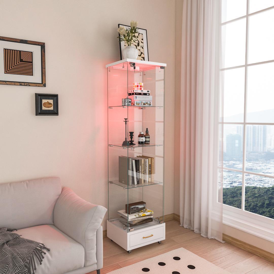 LED照明＆引き出し付 ガラスディスプレイキャビネット 鍵付き強化ガラス収納