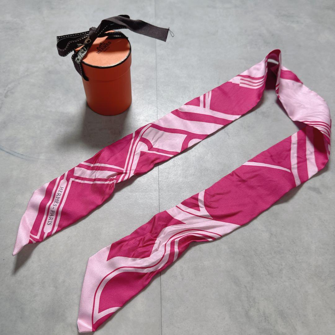 HERMES エルメス ピンク ツイリー シルク スカーフ タイスカーフ