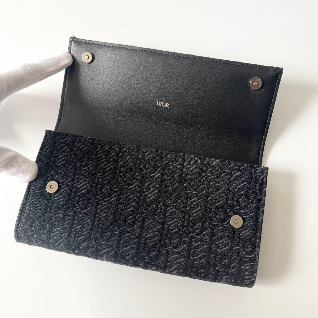ディオール　ロング フラップ ウォレット　オブリーク　ジャガード　レザー　黒