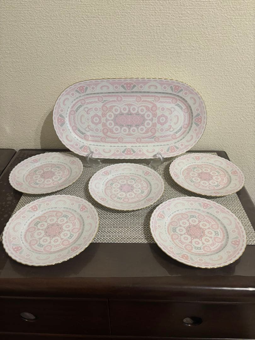 激カワ‼️新品　前畑陶器　ピンク花柄　オーバルプレート　中皿5枚　林九郎好きの方も