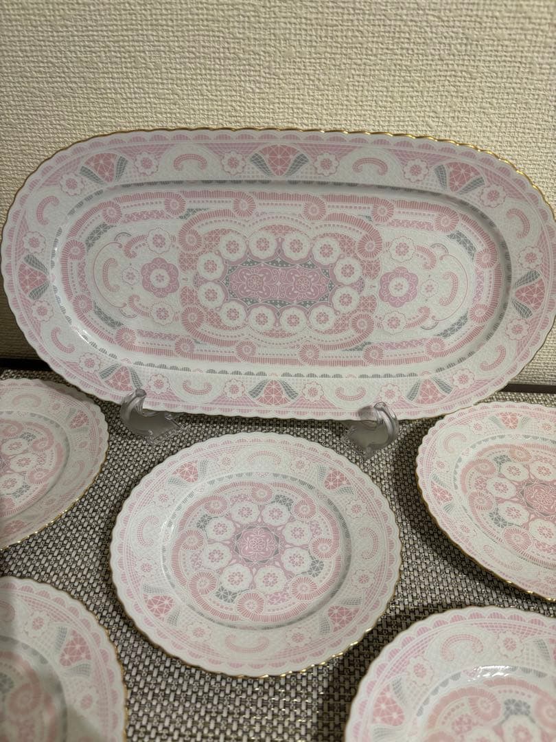 激カワ‼️新品　前畑陶器　ピンク花柄　オーバルプレート　中皿5枚　林九郎好きの方も