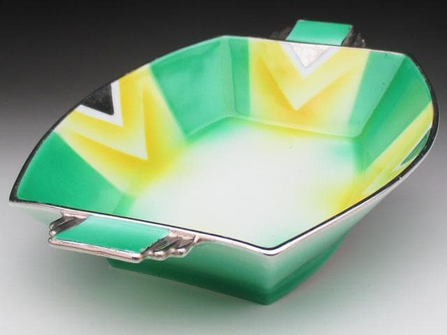 オールドノリタケ グリーン地銀彩ジオメトリック スクエアボウル