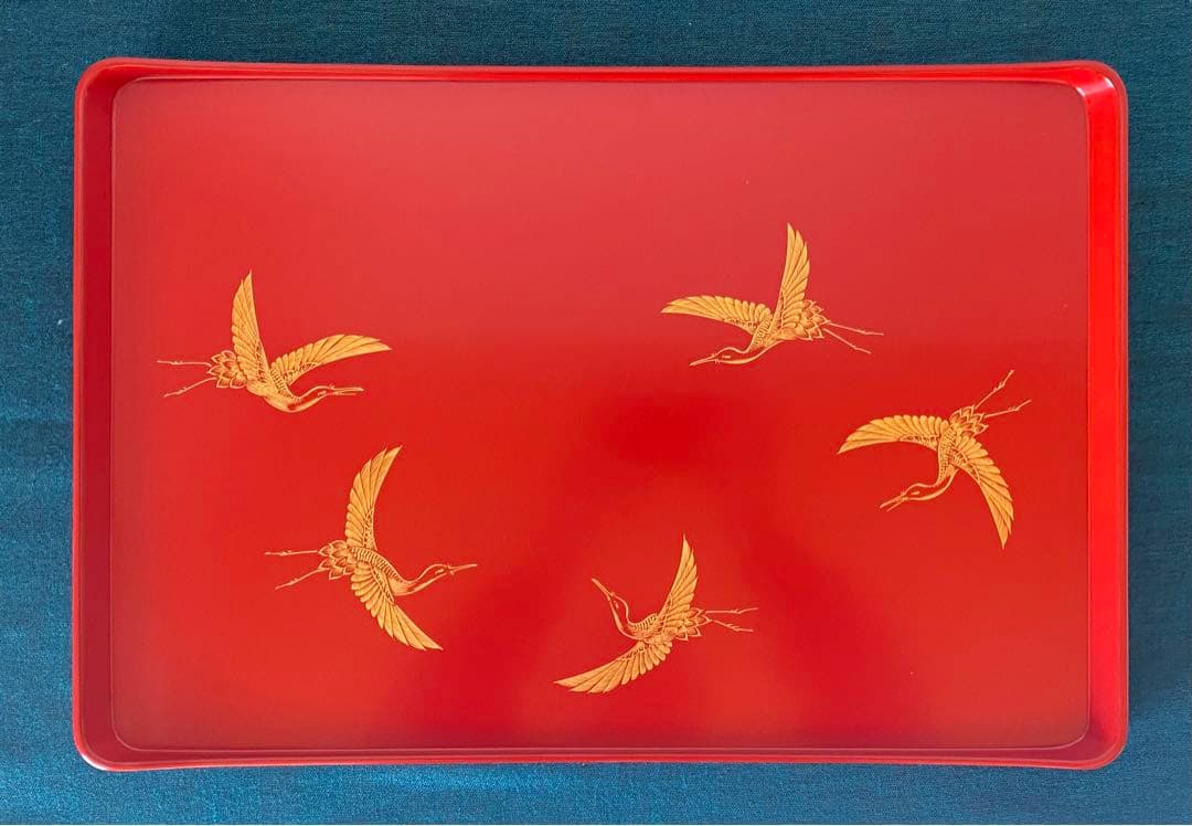 希少大サイズ美品　輪島塗　レトロ品　尺7寸52cm盆　手彫沈金　鶴5羽　お祝い用