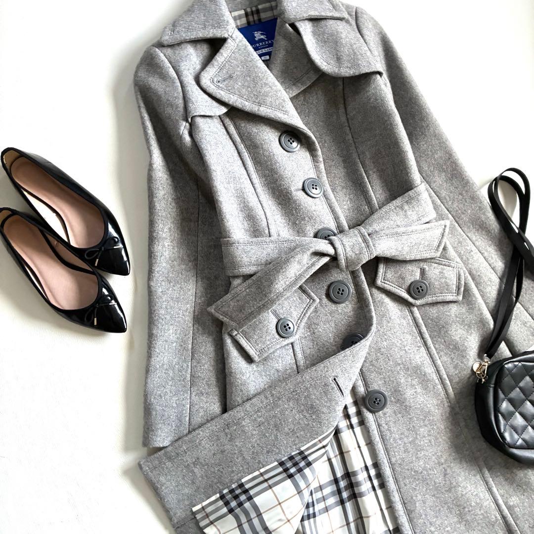 ◆美品◆バーバリーブルーレーベル◆ウールロングコート◆M◆グレー◆ノバチェック