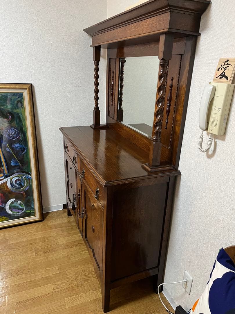 【アンティーク専門店で購入】オーク材 アンティーク家具 ミラー付きサイドボード